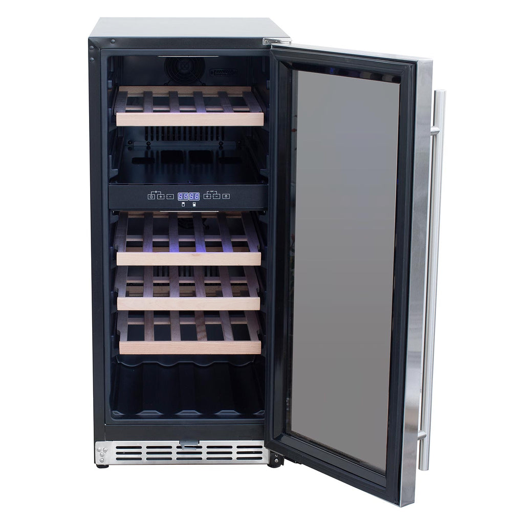 Wine cooler with open door, dark interior racks and black side panel