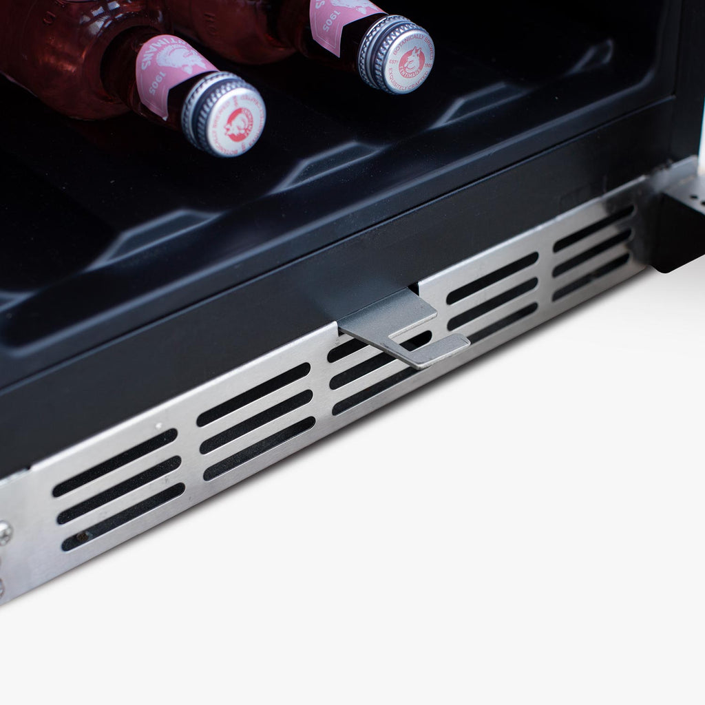 Wine cooler bottom vent grille and dark metal exterior panel