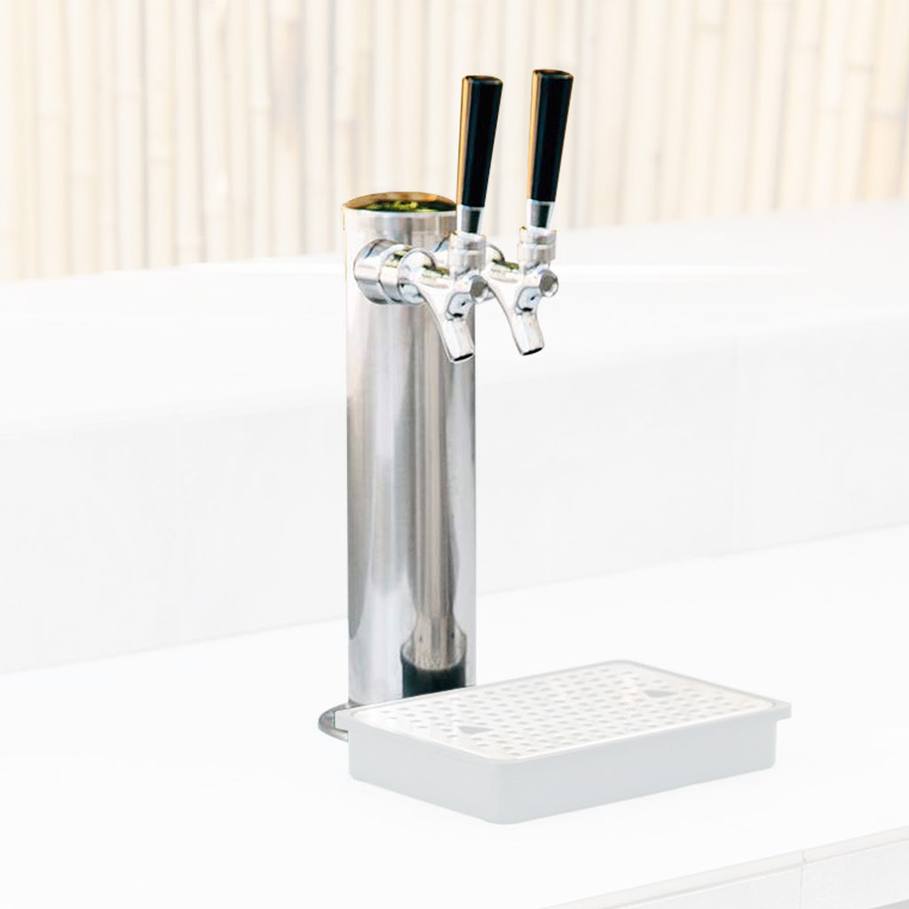 Double keg tap with dual chrome faucets and black handles, includes drip tray