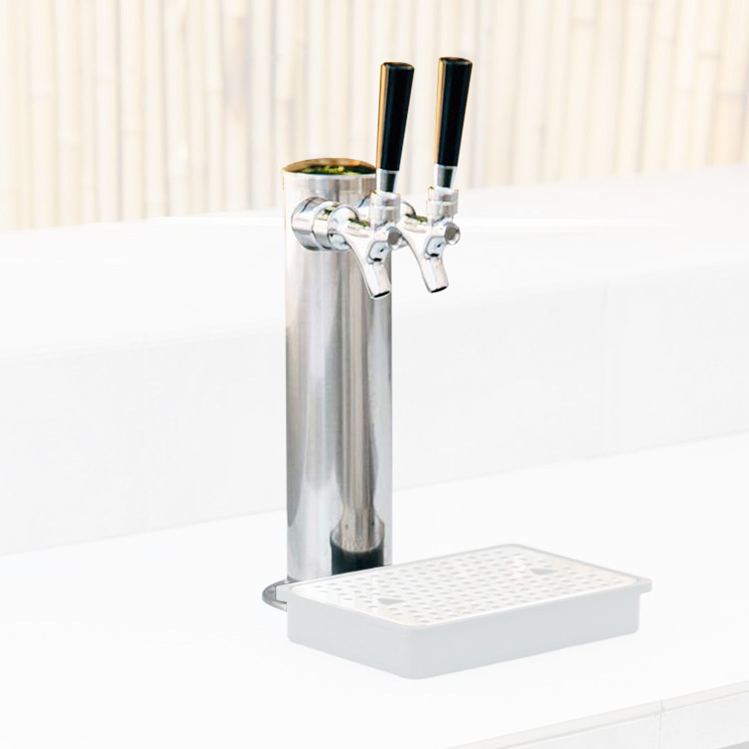 Double keg tap with dual chrome faucets and black handles, includes drip tray