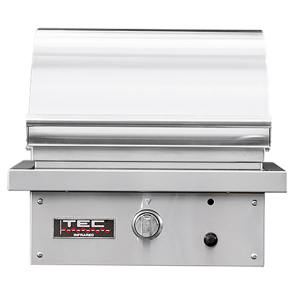 Stainless steel infrared gas grill with front control panel and knobs