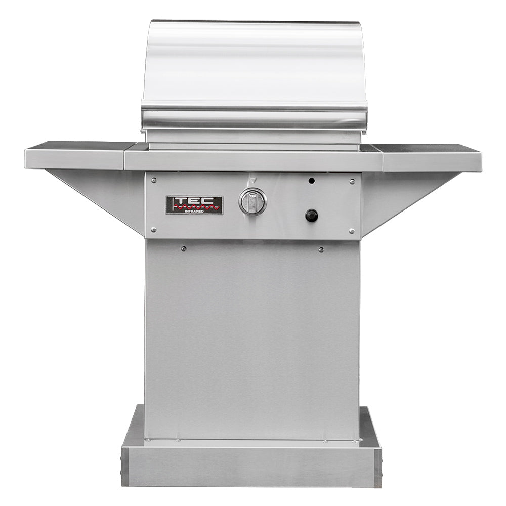 Infrared gas grill on pedestal with stainless lid and front control panel