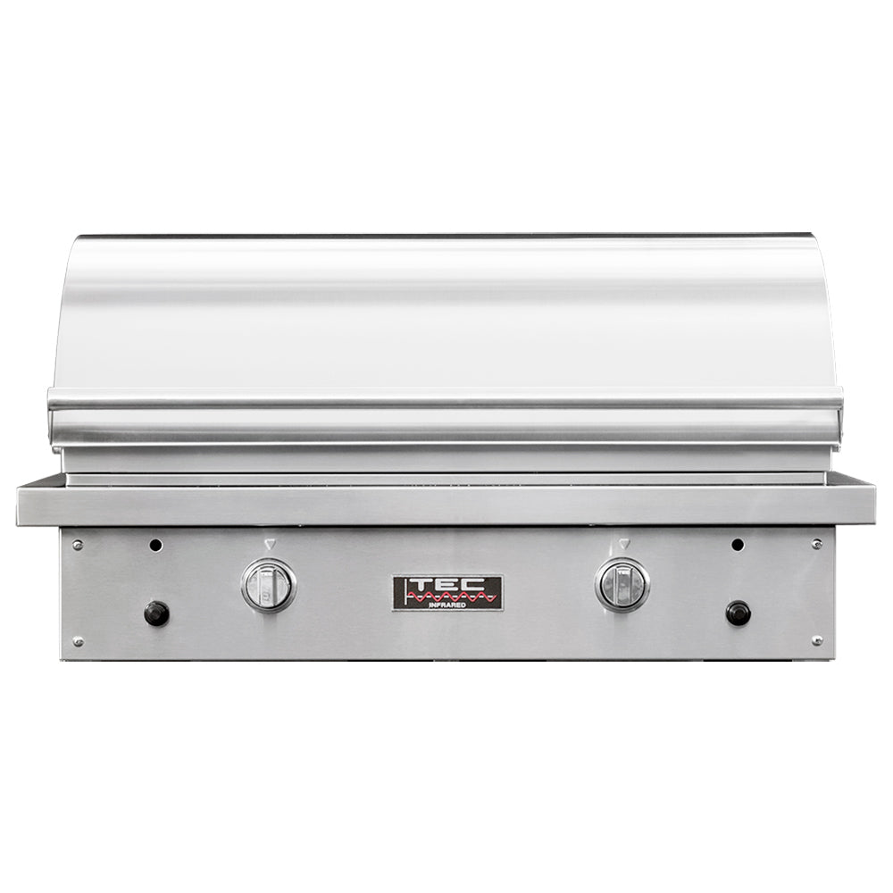 Built-in gas grill front with stainless hood, control knobs, and TEC logo