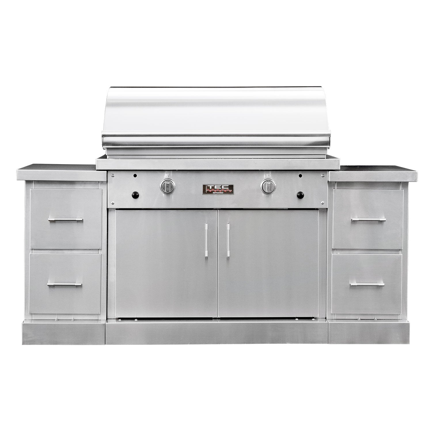 Stainless steel infrared gas grill with side cabinets and control knobs, front view