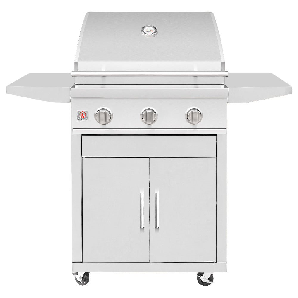 Stainless steel freestanding gas grill with side shelves and cabinet doors