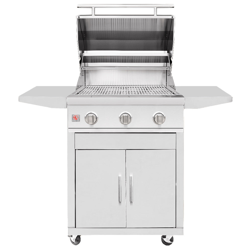 Open stainless steel freestanding gas grill with lid raised and cooking grates visible
