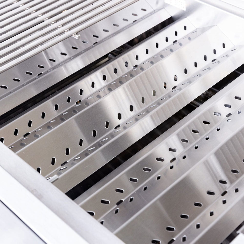 Stainless grill cooking grates with perforations and angled drip channel supports