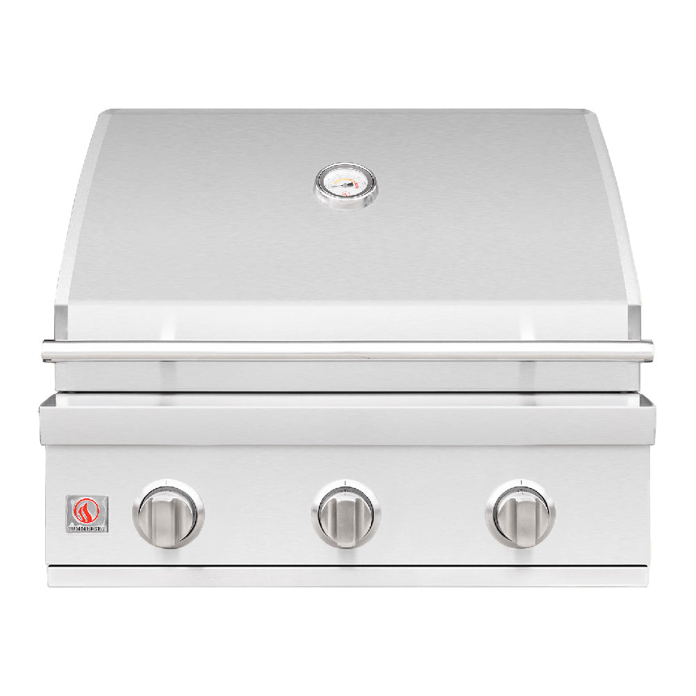 Stainless built-in gas grill with lid and control panel, three round knobs