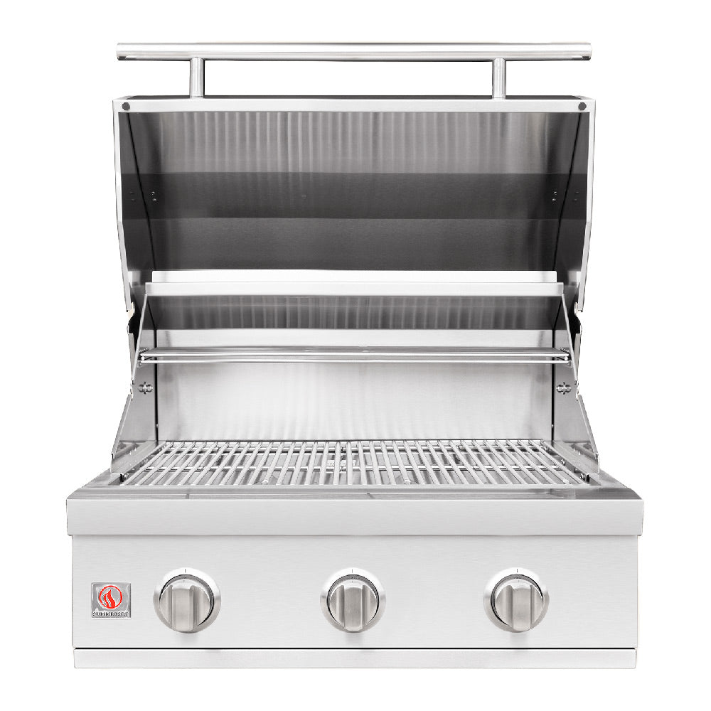 Open stainless built-in gas grill with interior hood, cooking area, and three knobs
