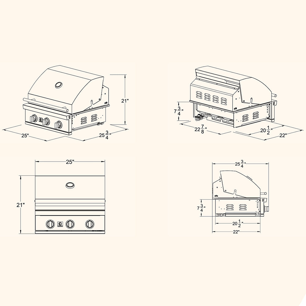 Built-in gas grill size diagram with measurement lines in inches