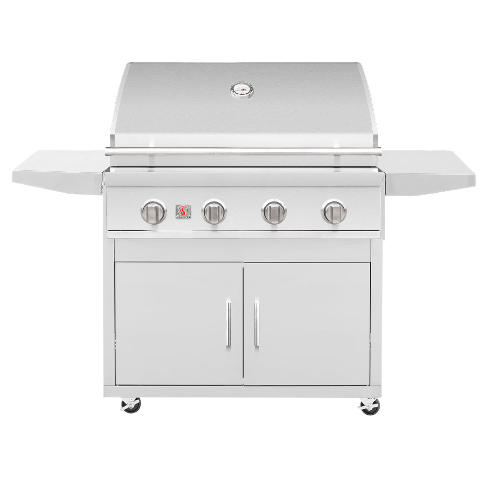 Stainless steel freestanding gas grill with four control knobs, side shelves, and cabinet doors
