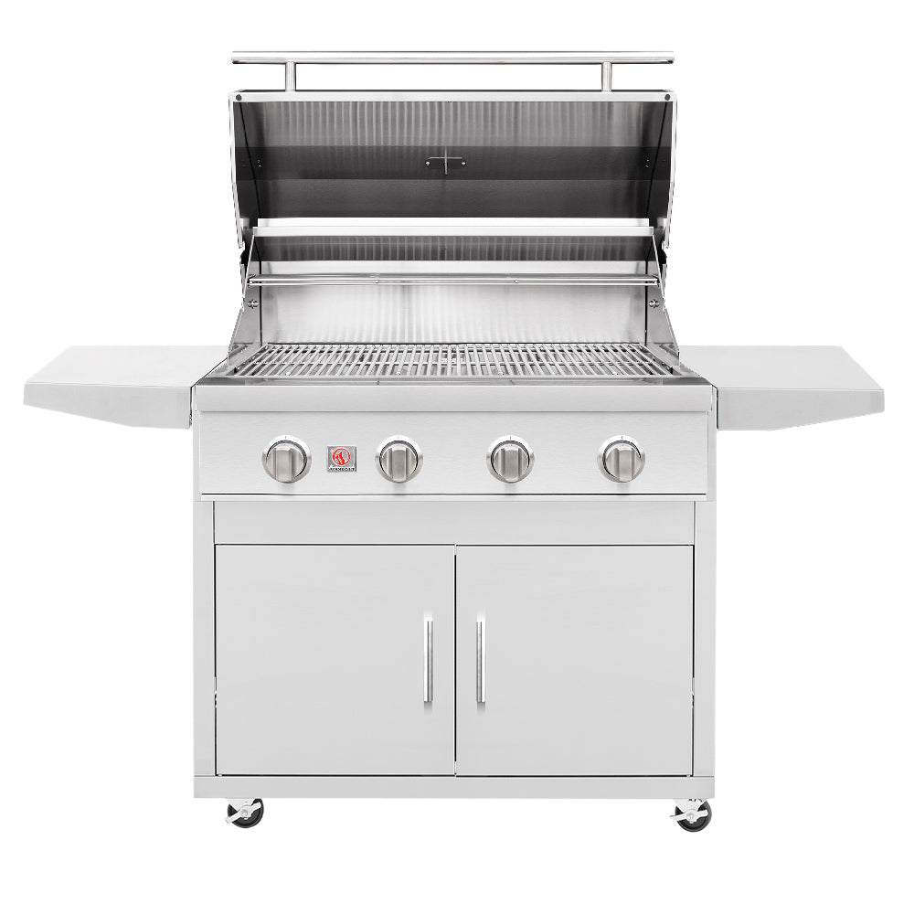 Freestanding gas grill with open lid showing cooking grate, warming area, and four burner knobs