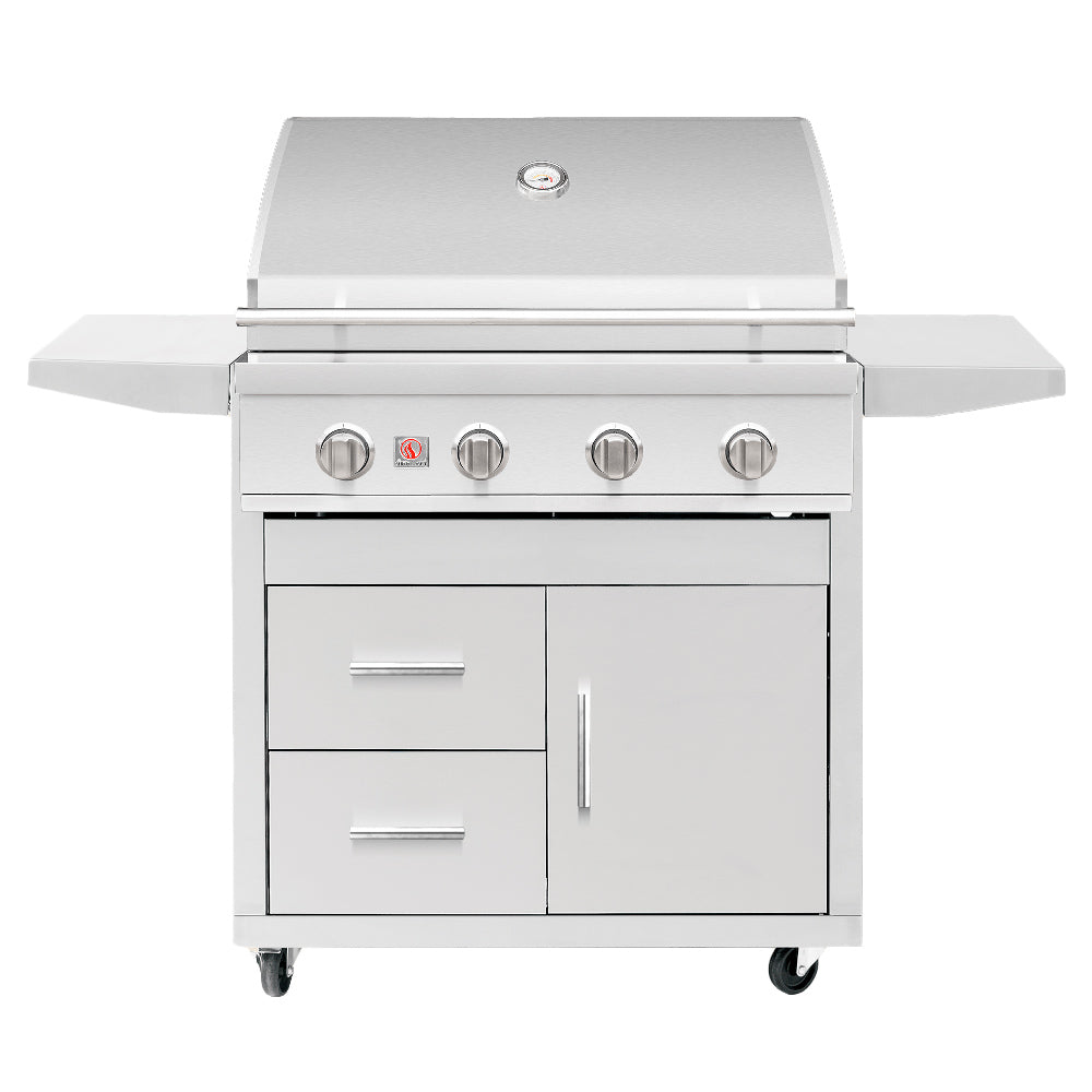 Freestanding gas grill on deluxe cart, front view with control knobs and storage doors.