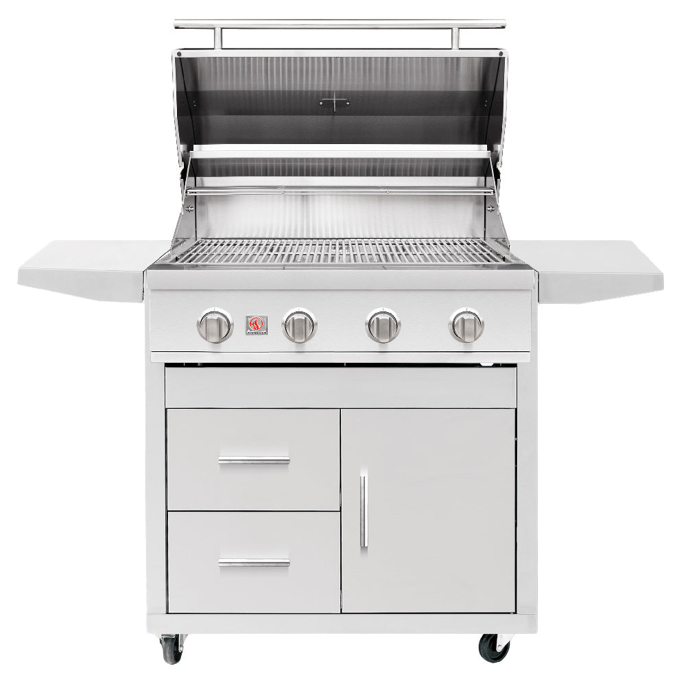 Freestanding gas grill with open lid, grates and burner area visible, front control panel.