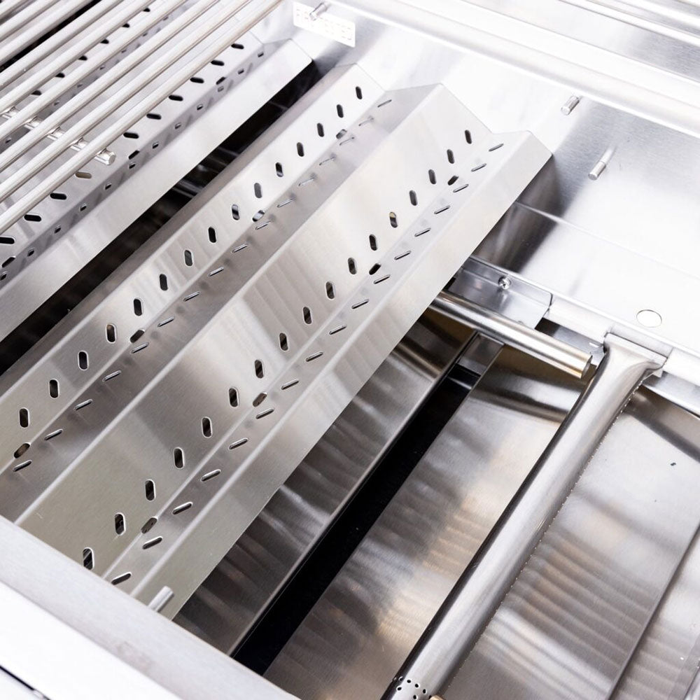 Stainless steel grill heat shield and cooking grate with perforated metal panels