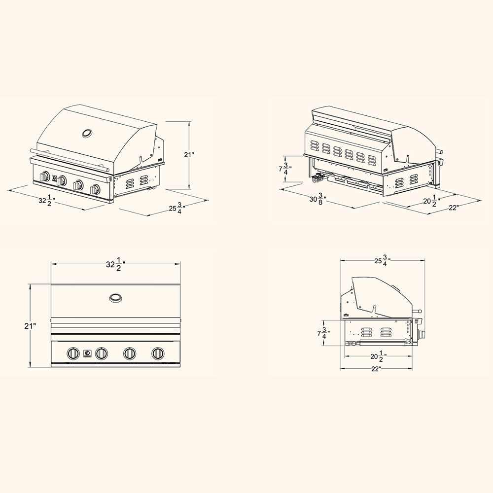 Line drawing showing built-in gas grill dimensions from front, side, and top views.
