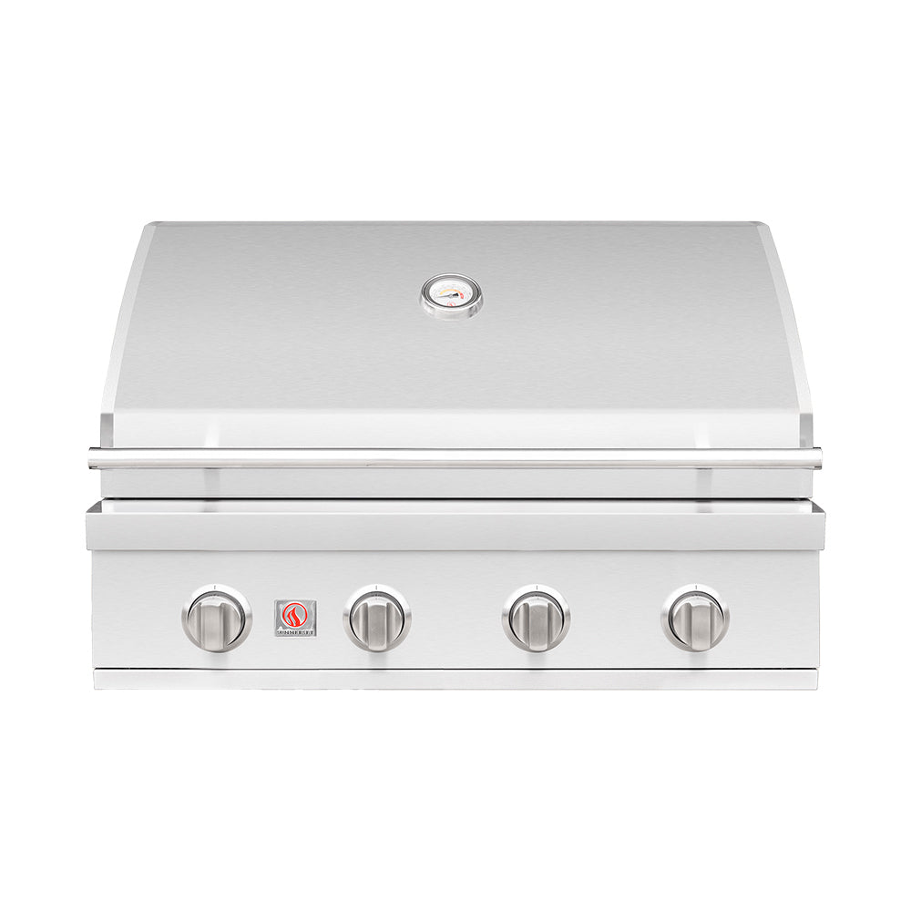 Built-in stainless gas grill with four control knobs and closed lid, 32 in size.