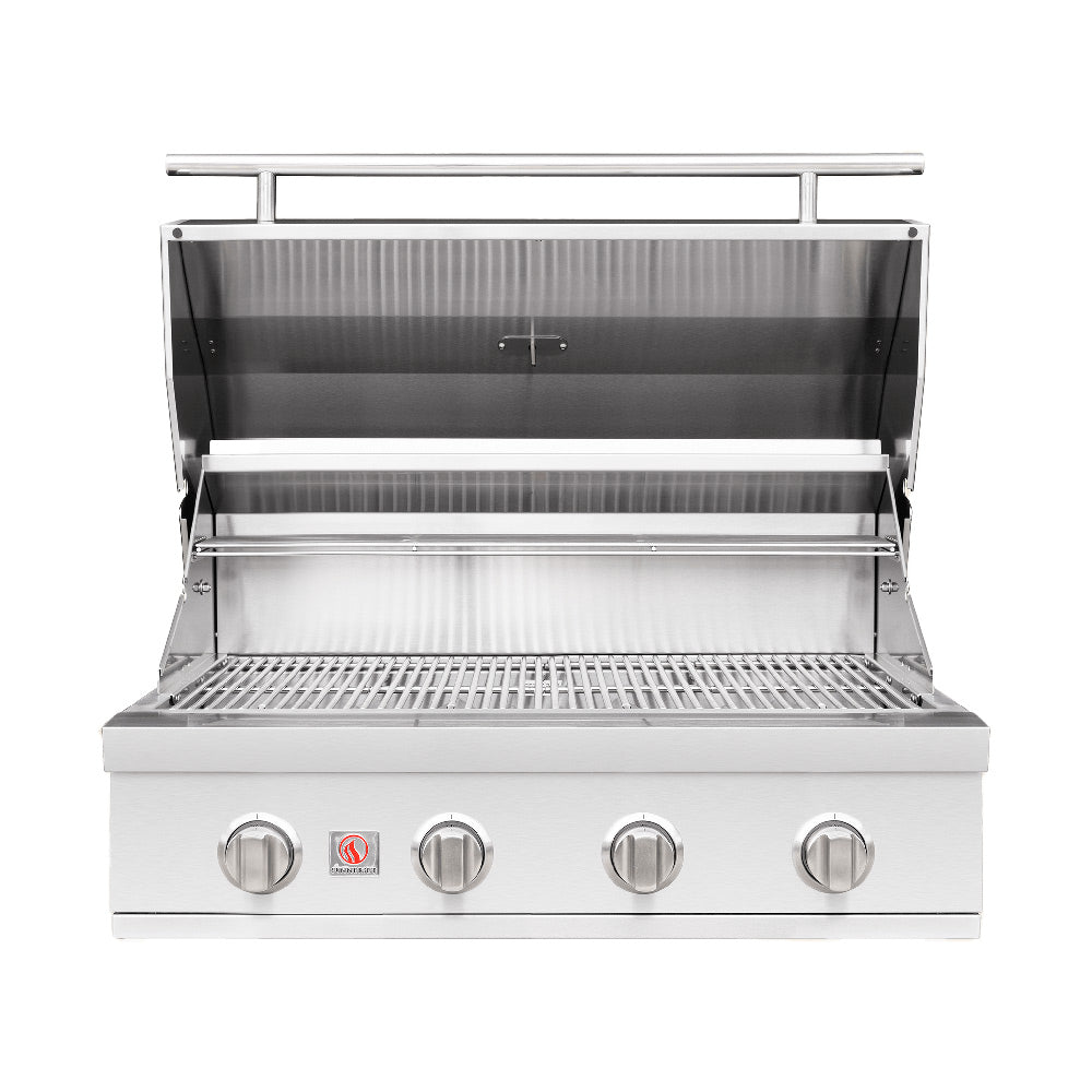 Open built-in stainless gas grill with warming rack, burner area, and four front knobs.