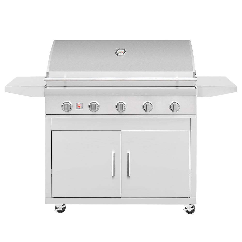 Stainless steel freestanding 40-inch gas grill with two cabinet doors and control knobs