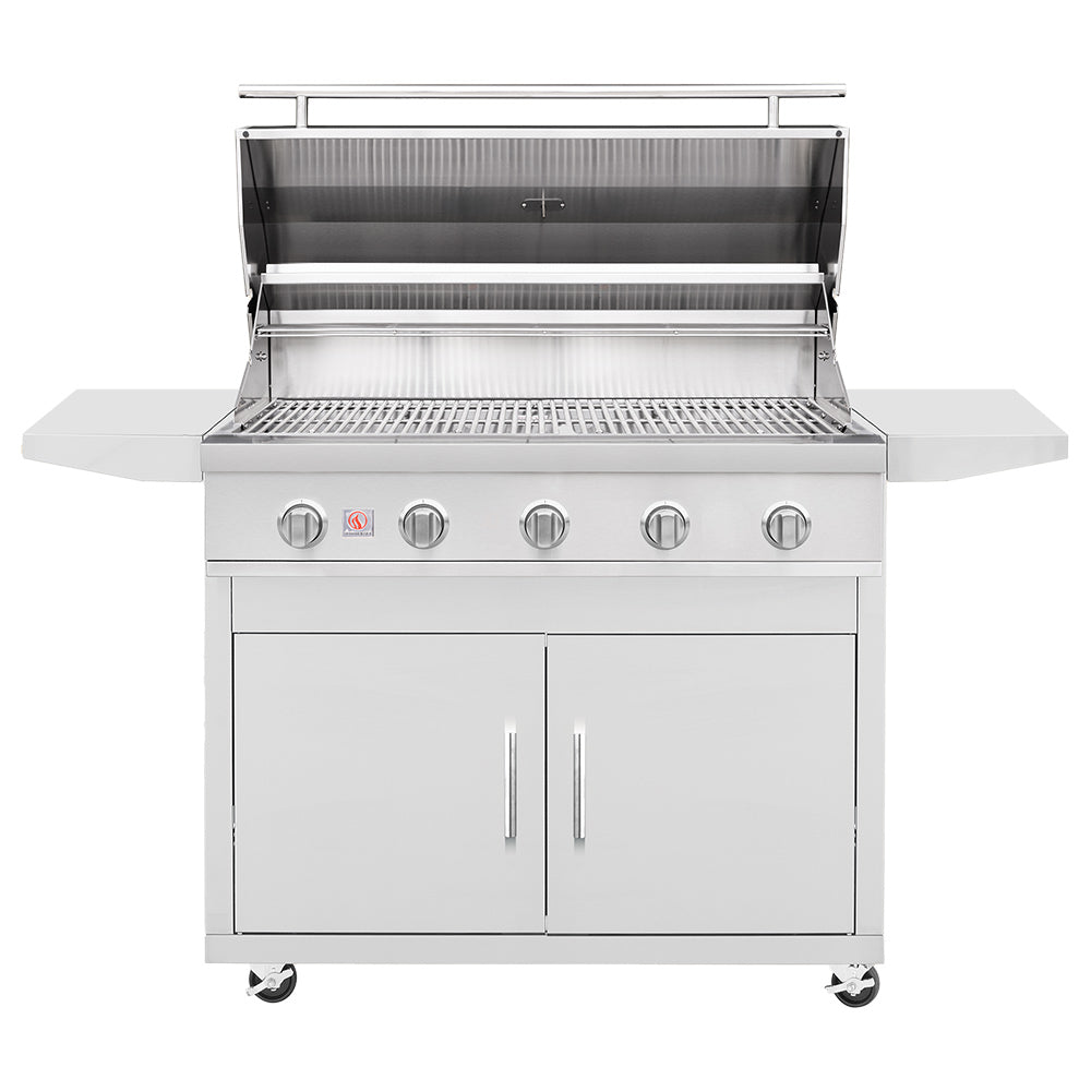 Freestanding gas grill with open lid, cooking grates, and front control knobs over storage doors