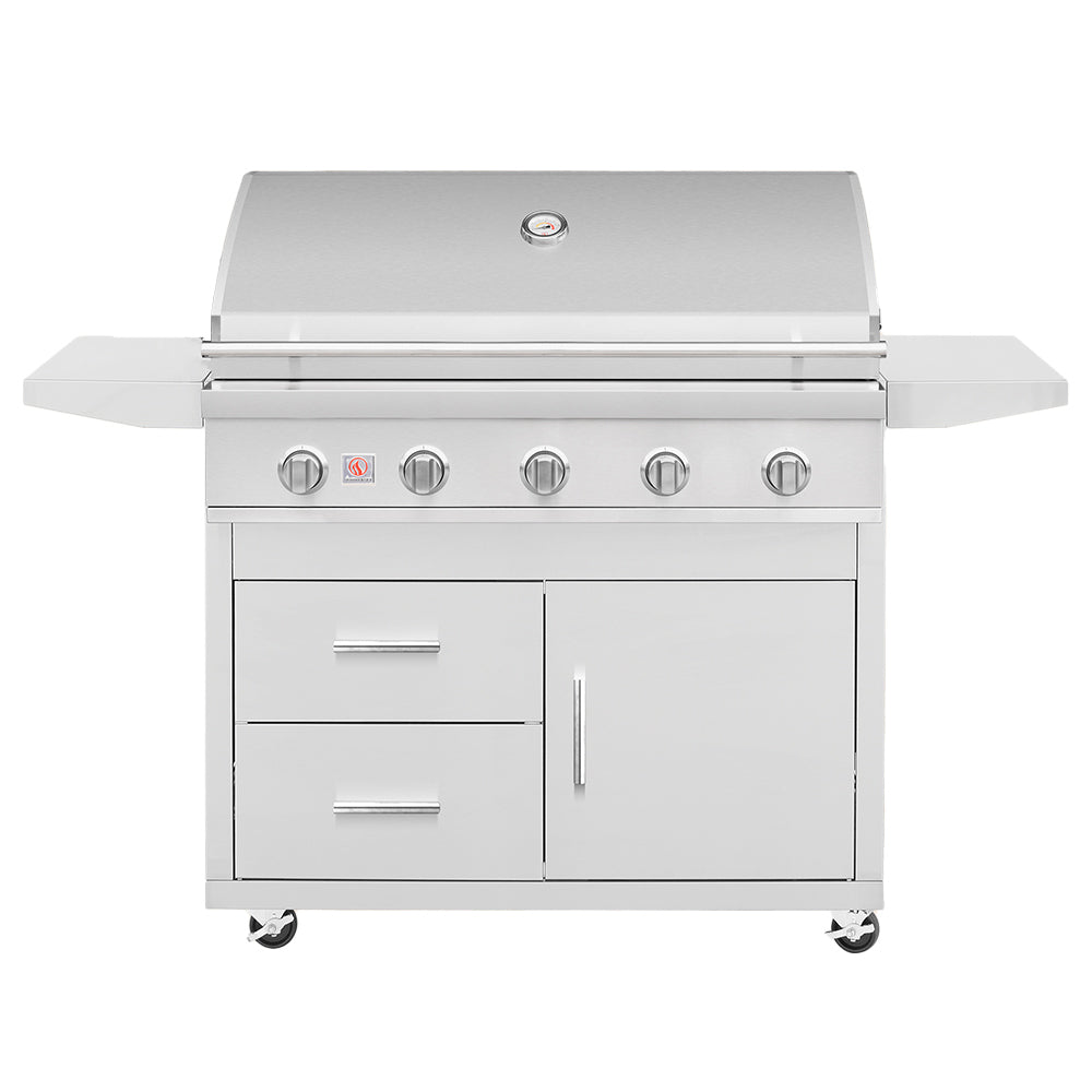 40-inch stainless gas grill on deluxe cart with cabinet and side shelves
