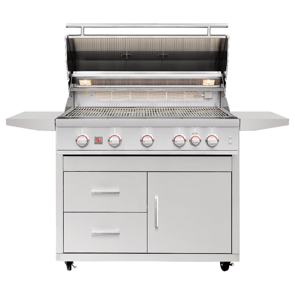 Open stainless gas grill with illuminated burners and control knobs on front