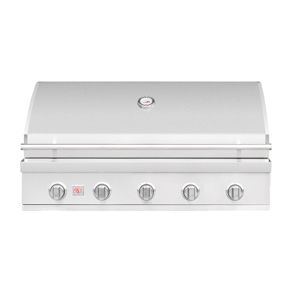 Built-in gas grill in stainless steel with lid vent and front control knobs