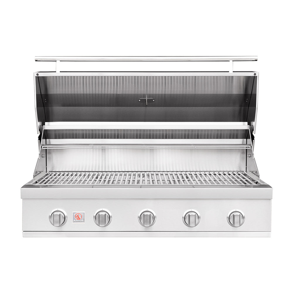 Built-in gas grill with open hood, stainless cooking grates, and front burner control knobs