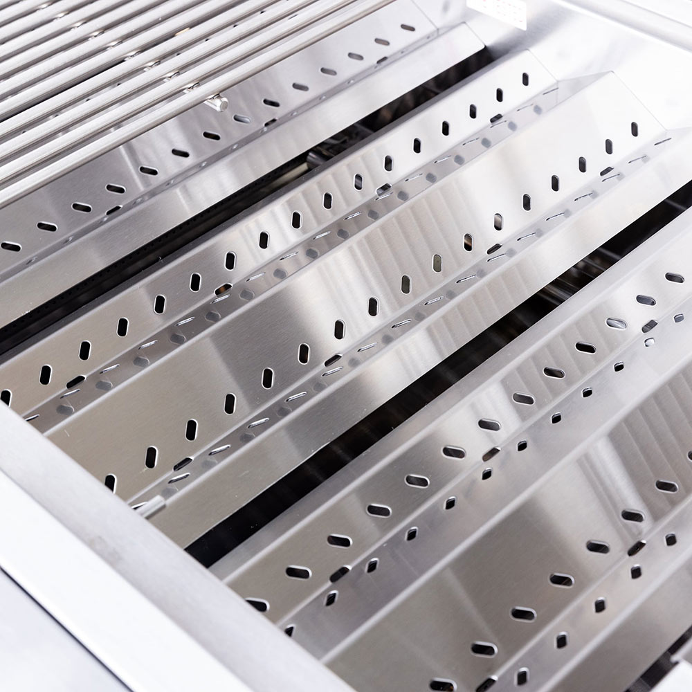 Stainless steel cooking grates with evenly spaced perforations and burner openings