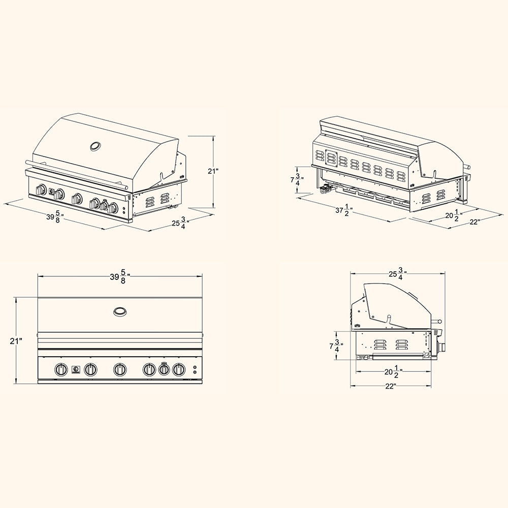 Line drawing of built-in gas grill showing front, side, and top dimensions