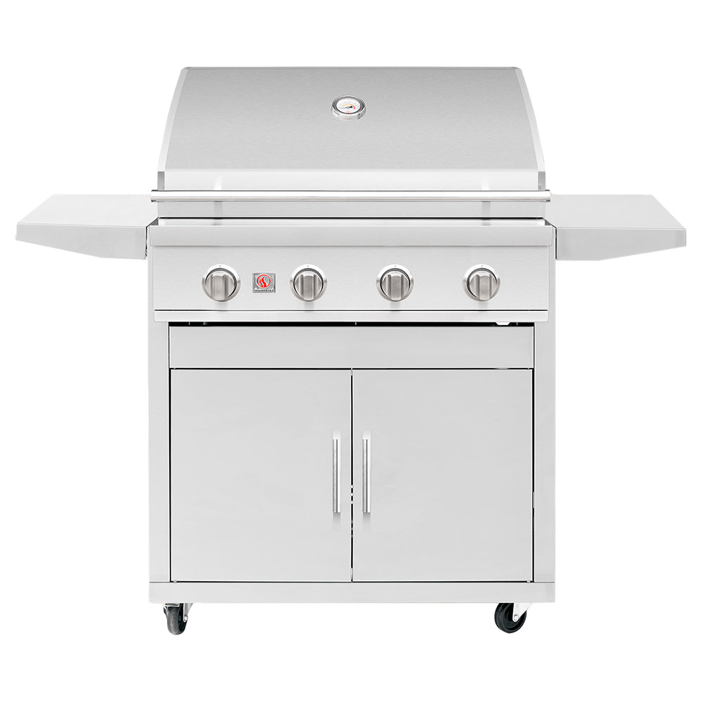Freestanding 32-inch gas grill with stainless cabinet and front control knobs