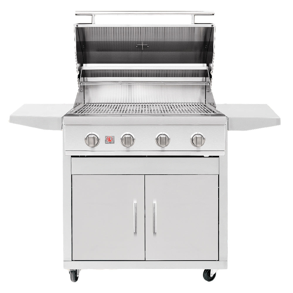 Freestanding gas grill with open hood, stainless burners, and control knobs