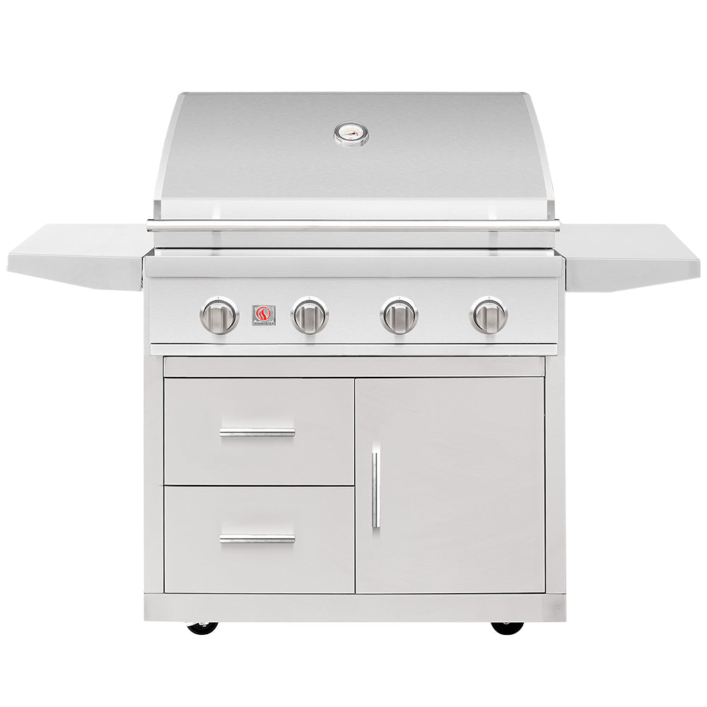 Stainless steel freestanding gas grill with four control knobs and side shelves