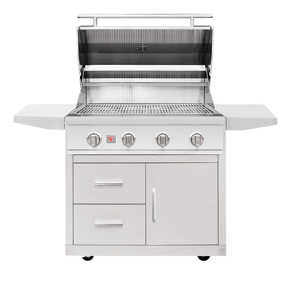 Open stainless steel gas grill with front burners, grates, and lid