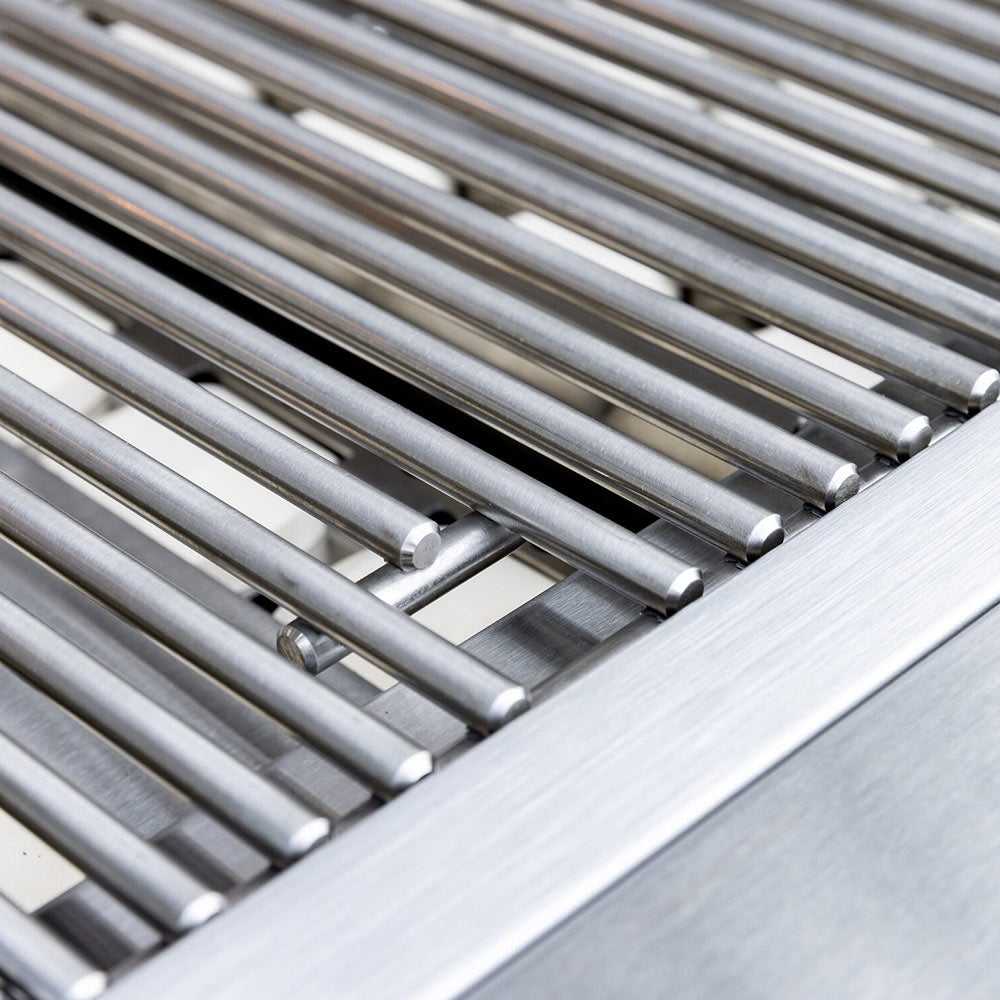 Stainless steel grill grates with parallel bars and open cooking surface.