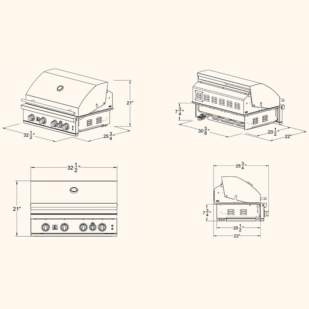 Technical line drawing of a built-in gas grill with labeled dimension views.