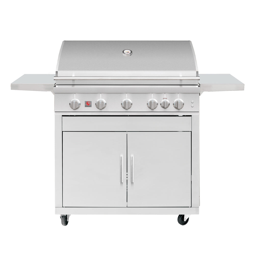 Freestanding gas grill with double-door cabinet, control knobs, and side shelves