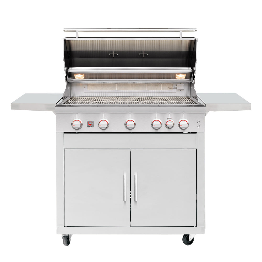 Freestanding gas grill with lid open, burners visible, and cooking grates