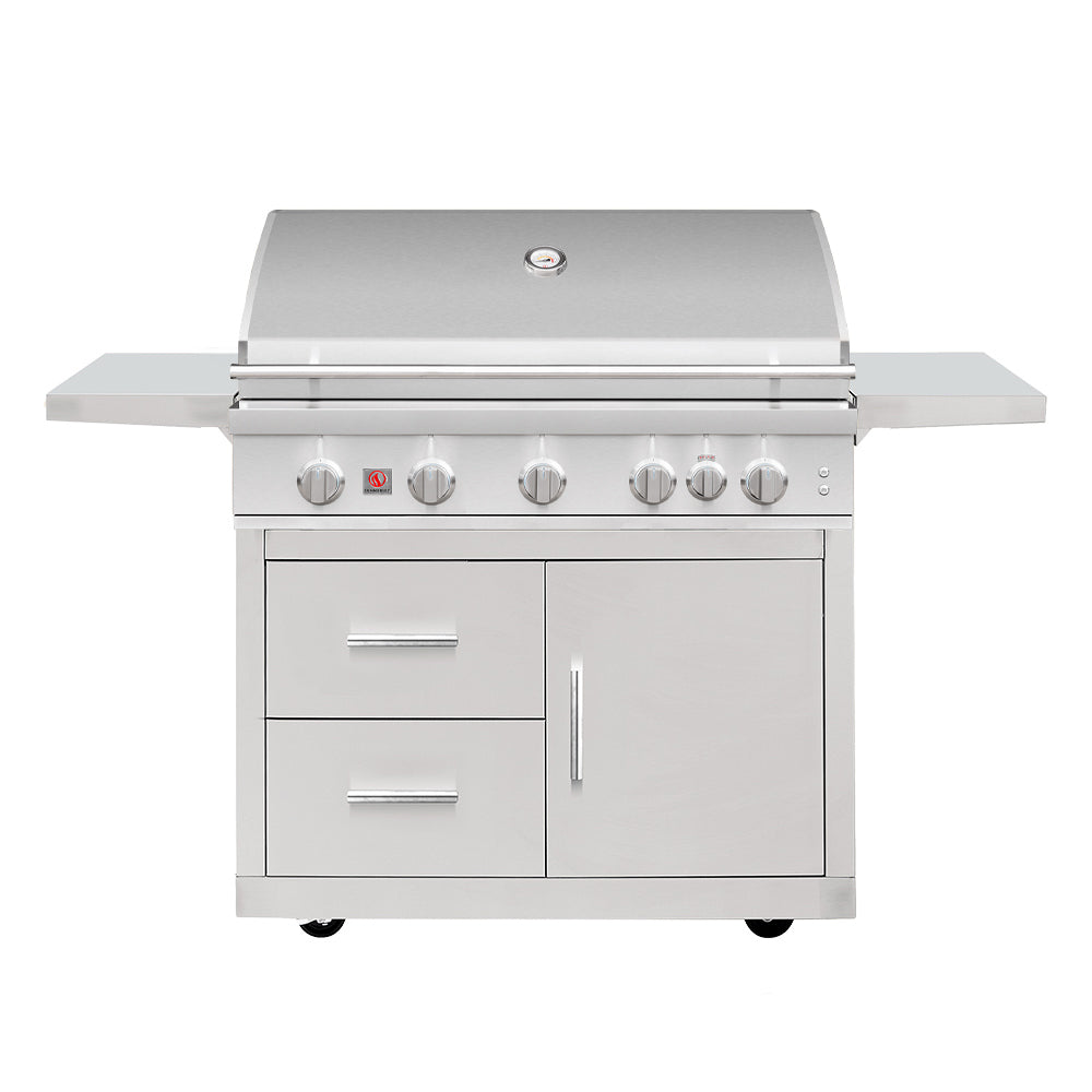 Freestanding gas grill with stainless cart, side shelves, front knobs and storage doors