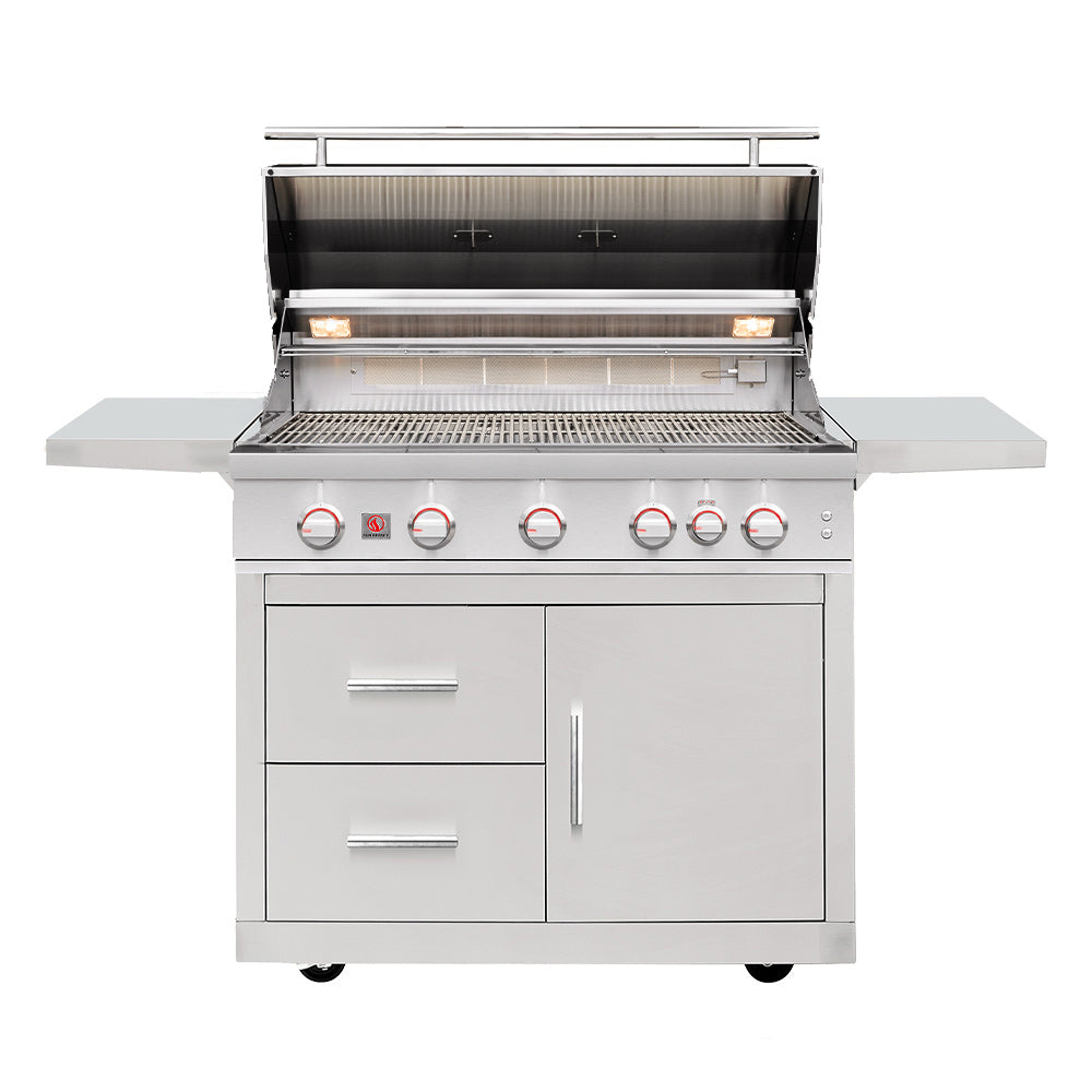 Freestanding gas grill with open lid, cooking grates and control panel on stainless cart