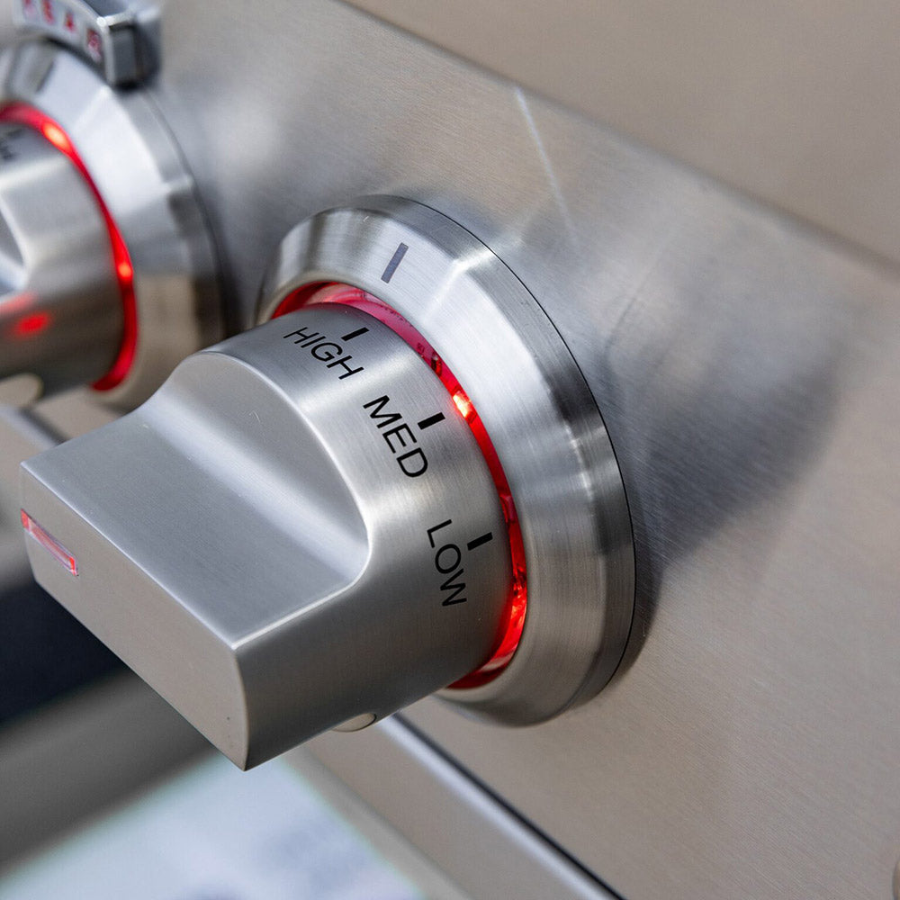 Stainless gas grill temperature knob with high, mid, and low markings