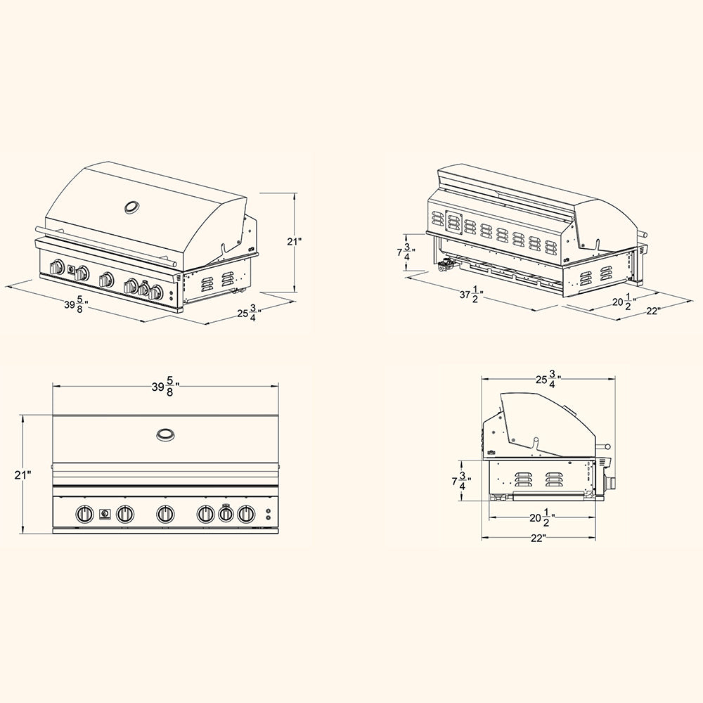 Built-in gas grill dimension diagram with front, side, and top measurements