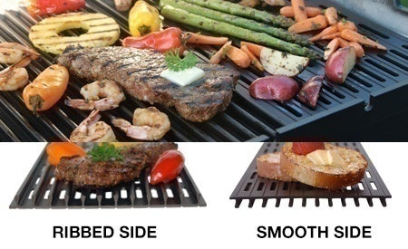 Two-sided grill grates featuring ribbed and smooth cooking surfaces
