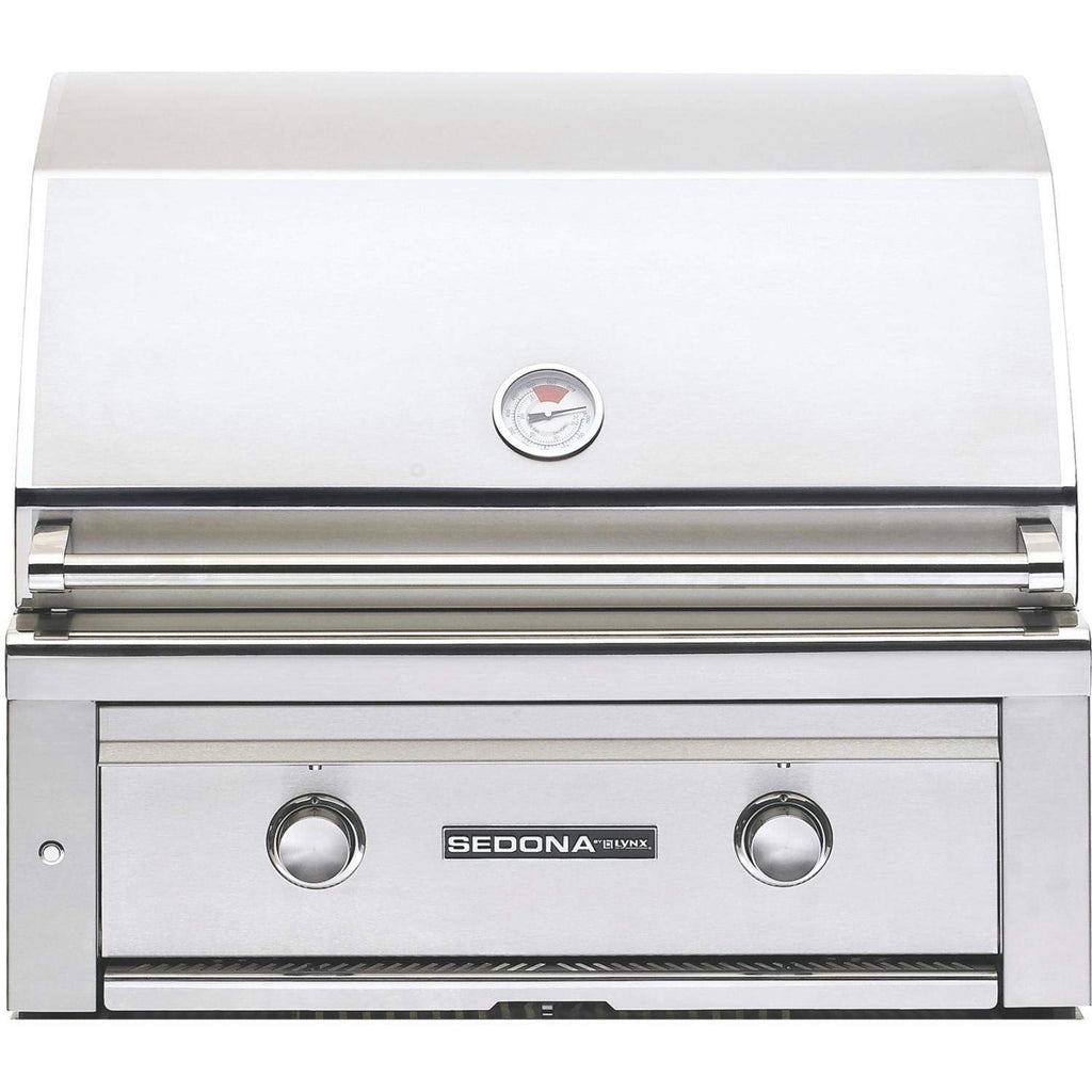 Stainless gas grill front panel with two control knobs and central thermometer.