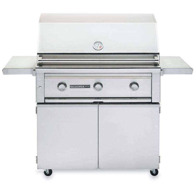 Stainless steel 42-inch gas grill on cart with closed lid and three burner knobs