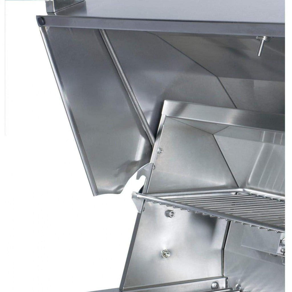 Open side cabinet and stainless steel cooking grate inside a gas grill cart