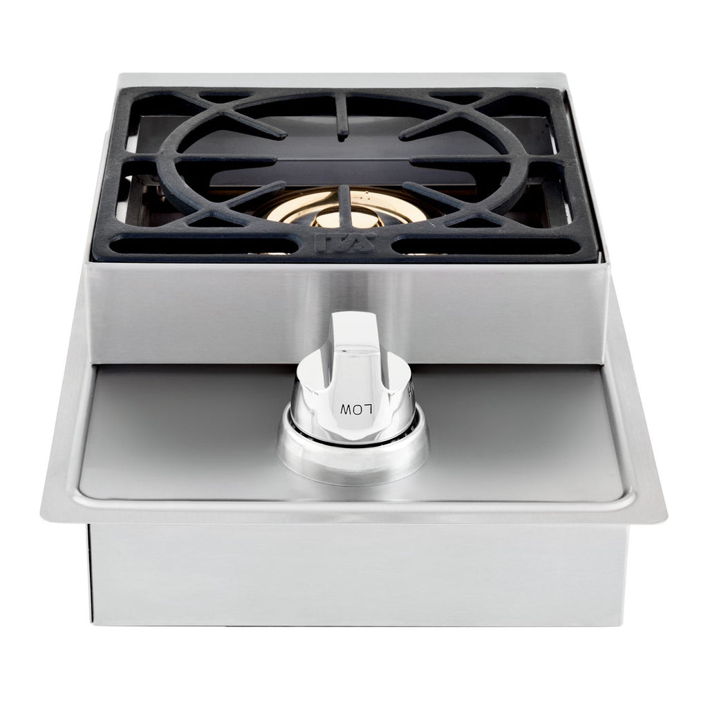 Stainless steel single side burner with black grate and control knob