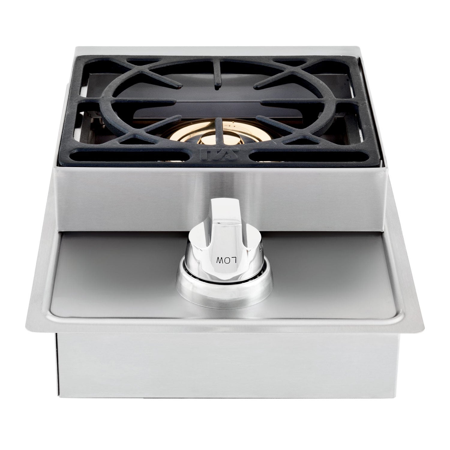 Stainless steel single side burner with black grate and control knob