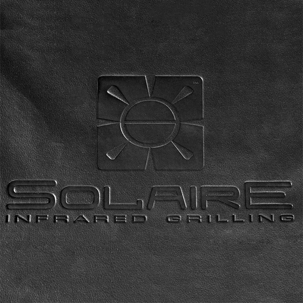 Embossed Solaire Infrared Grilling logo on black cover fabric