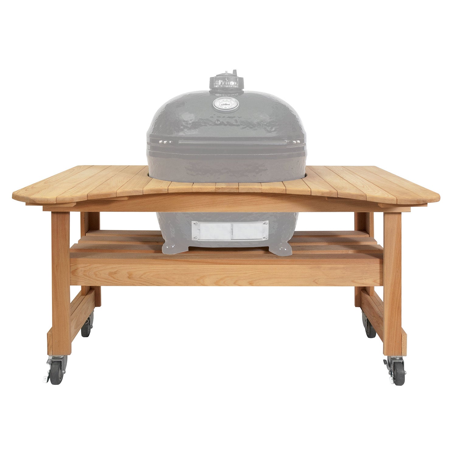 Cypress outdoor table with lower shelf and caster wheels; grill included on top